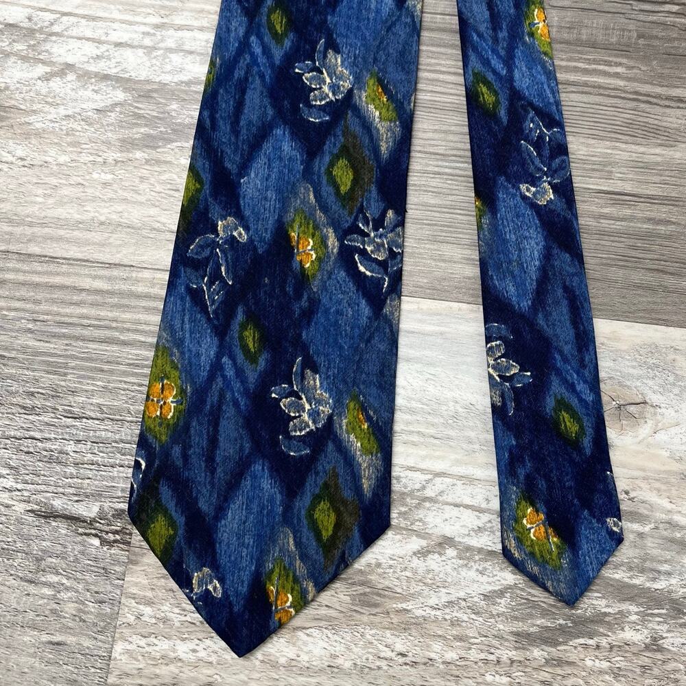 Hugo Boss Yellow Blue Abstract Diamond Floral Mens 57" Silk Necktie Italy EUC
